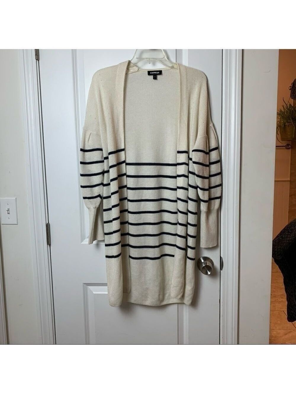 Express Size Small Long Cream and Navy Blue Striped Open Sweater